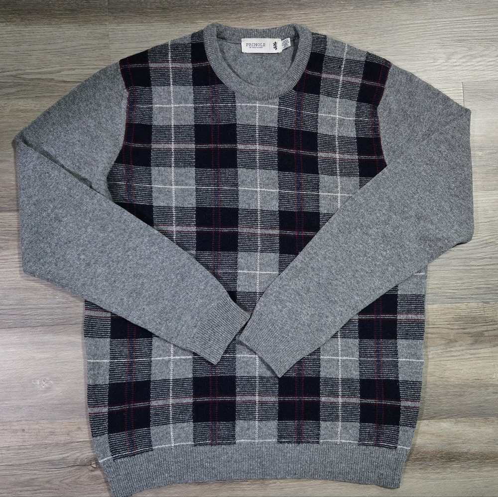 Pringle of Scotland XL Sweater 100% Lambswool Made in Scotland Grey Check